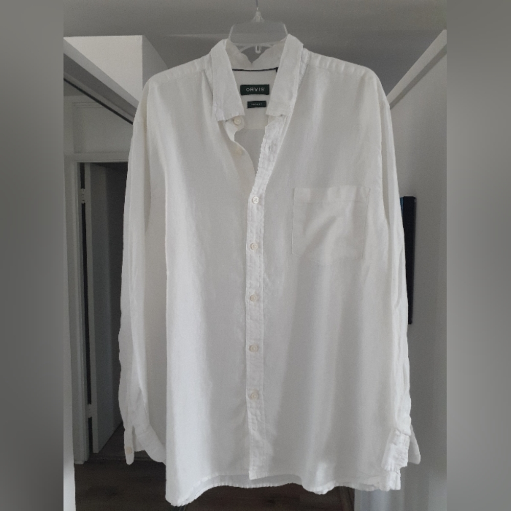 Men's Orvis button down linen long sleeve shirt. White XL